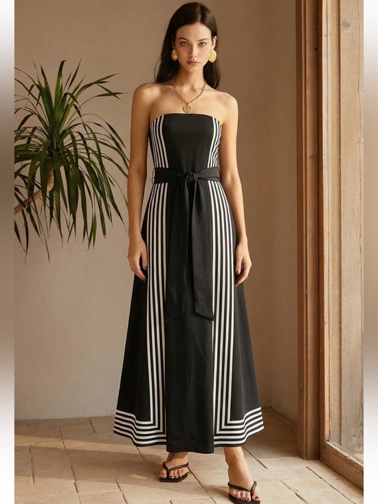 Commense Dresses & Skirts - Commense Strapless Striped Belted Midi Dress Size Small NWT